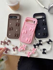 3D Bow Pearl Anti-Shock Matte Full Coverage Phone Case With Bow Wrist Strap, Designed For Pixel 8 Pro/8A/9 Pro XL, Provides Shock Protection - Pink - View 5