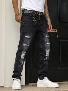 4 temporadas Jeans ajustados negros y grises para hombres, con efecto desgastado y rasgado, estilo callejero y versátil - Negro - Ver 2