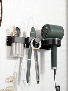 Soporte de pared 3 en 1 para secador de pelo y rizador, organizador sin taladro para plancha de baño, estantería ahorradora de espacio para almacenamiento de herramientas para el cabello, accesorios de baño - Negro - Ver 7