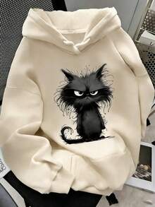 Sudadera con capucha femenina abrigada, holgada y versátil con estampado de gatos, ideal para vacaciones y viajes. - Albaricoque - Ver 2
