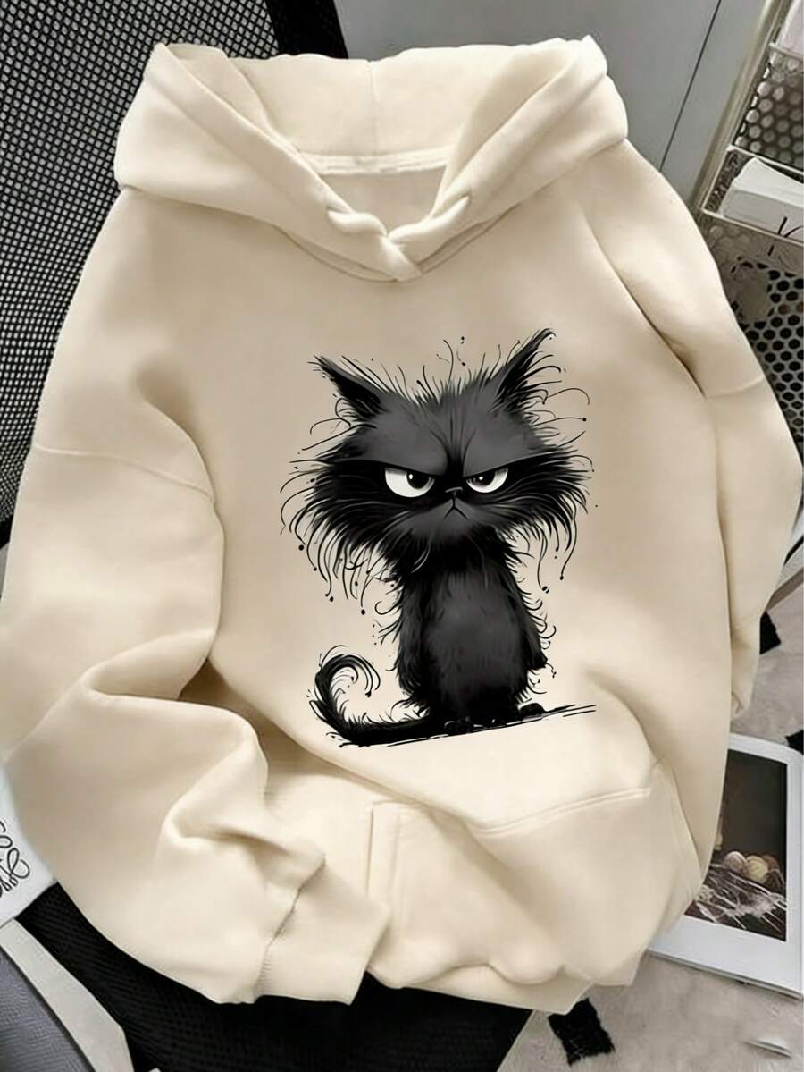 Sudadera con capucha femenina abrigada, holgada y versátil con estampado de gatos, ideal para vacaciones y viajes.