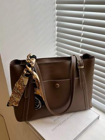 1个女士时尚通勤纯色单肩包，便携多功能大容量手提包，适合约会、购物、办公等场合，附赠精致丝巾