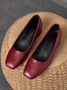 MonaNise Fashionable Versatile Square Toe Low Heel Shoes - Burgundy - View 4