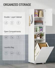 HaluPeit Colonna Bagno, Mobile Bagno Salvaspazio, Armadio Alto per Immagazzinaggio con Cesto per Abiti Sporchi, Ripiano Regolabile, Adatto per Bagno e Lavanderia, 40 x 40 x 170 cm, Bianco - Bianco - Visualizzare 4