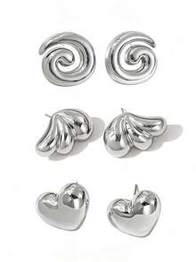 3 Pairs Minimalist Luxe Gold Tone Metal Texture 3D Stereo Spiral & Leaf & Heart-Detail Stud Earring Set, Women's Daily Wear, Party, Valentine's Day & New Year Gifting Fashion Jewelry Accessory - Multicolor - View 2