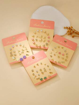 10 Pairs Faux Pearl Moon, Bow, Heart, Flower, LOVE, Pentagram, Geometric Stud Earrings Set, Suitable For Sharing With Friends As Gifts