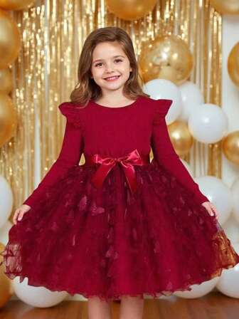 Julklänning med volangkant och långärmad lapptäcke i 3D-fjärilsnät med skärp för unga flickor