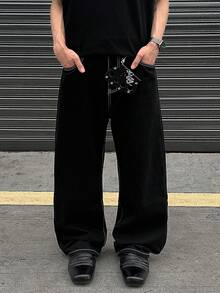 骷髅刺绣牛仔裤，男士牛仔裤，复古水洗牛仔裤，刺绣口袋牛仔裤，Y2K嘻哈摇滚宽松阔腿牛仔裤，街头时尚潮流引领者牛仔裤 - 黑色 - 查看 4