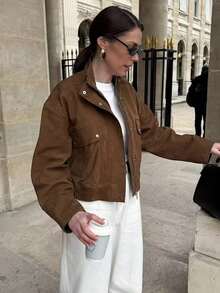 Women's Stand Collar Loose Fit Jacket Long Sleeve Pocket Streetwear Coat - Olive Green - View 9