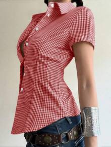 Sunny Girly Spring Valentine's Day Women's Wear Y2K Back To School Season Cotton Fitted Lapel Short Sleeve Shirt With Buttons, Red Checkered College Style Top - Burgundy - View 9