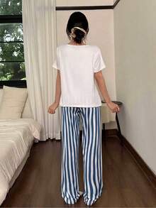 2件套女士白色短袖上衣+条纹裤睡衣套装，家居服 - 白色 - 查看 3