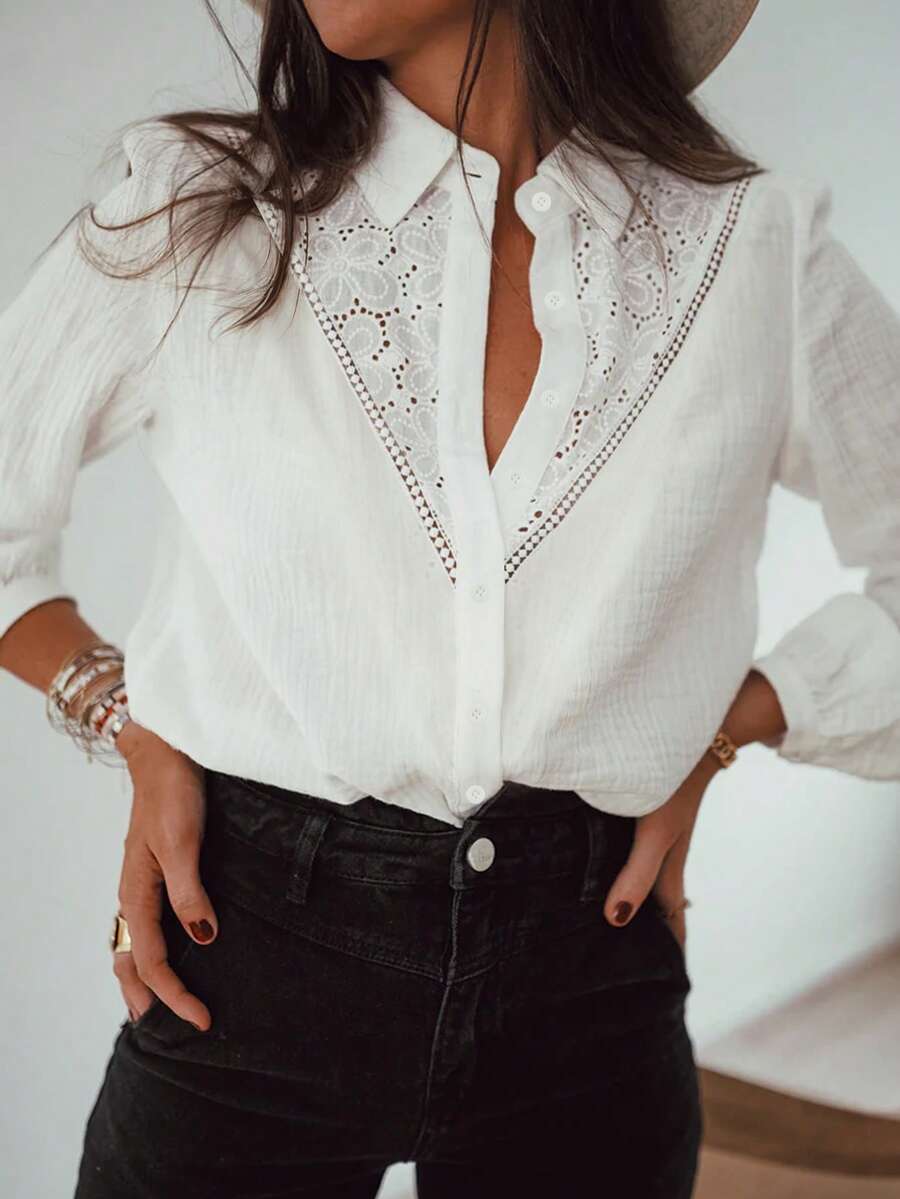 ii Áo cánh dài tay chắp vá ren thanh lịch kiểu Pháp đầu thu - trắng - Xem 1
