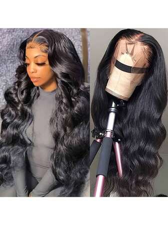 Peluca de encaje frontal ondulada elegante para mujeres - Peluca de encaje frontal 13x6 de cabello humano ondulado con cabello de bebé pre-arrancado, encaje transparente, pelucas de cabello humano, ondulado, pelucas de cabello humano, estilo elegante