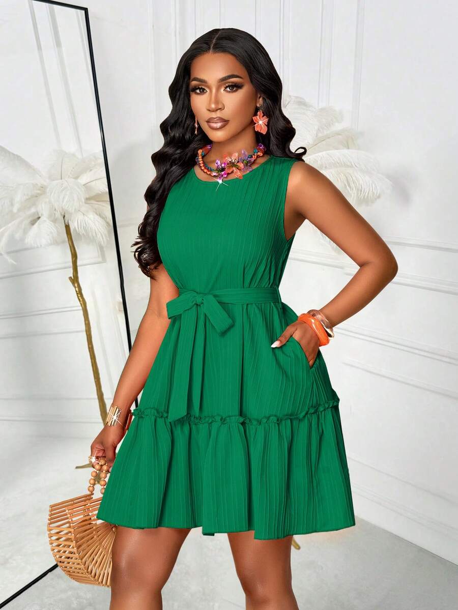 AIJ فستان نسائي كاجوال بياقة دائرية بدون أكمام وجيوب، لون أحادي مناسب للعمل اليومي والتسوق - الزمرد الأخضر - مشاهدة 1