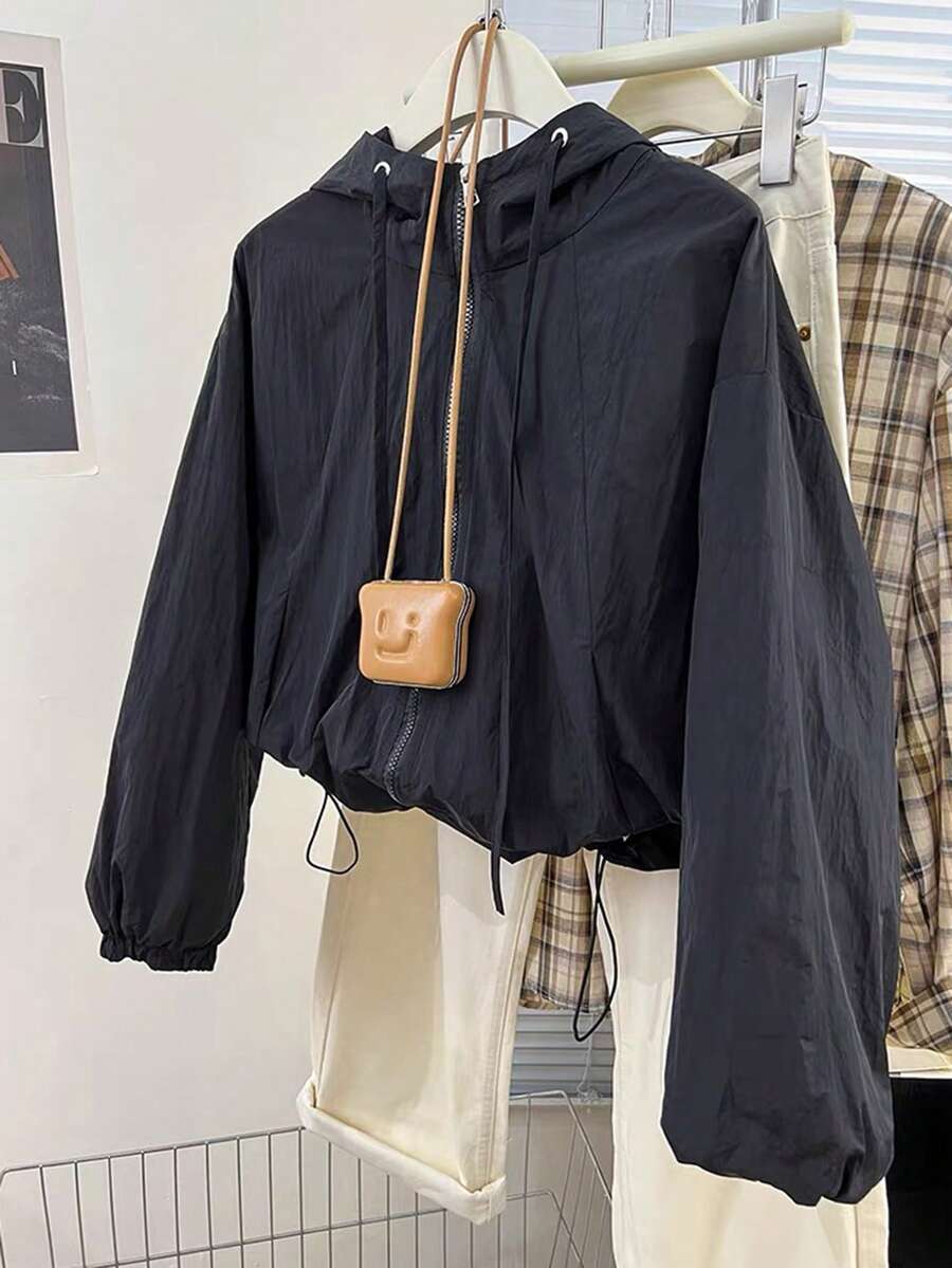 Vera Lane Women Casual Loose Retro Versatile Street Outdoor Sports Solid Color Hooded Long Sleeve Functional Jacket, Back To School Street Style Vintage Airport Outfit - Black - View 1