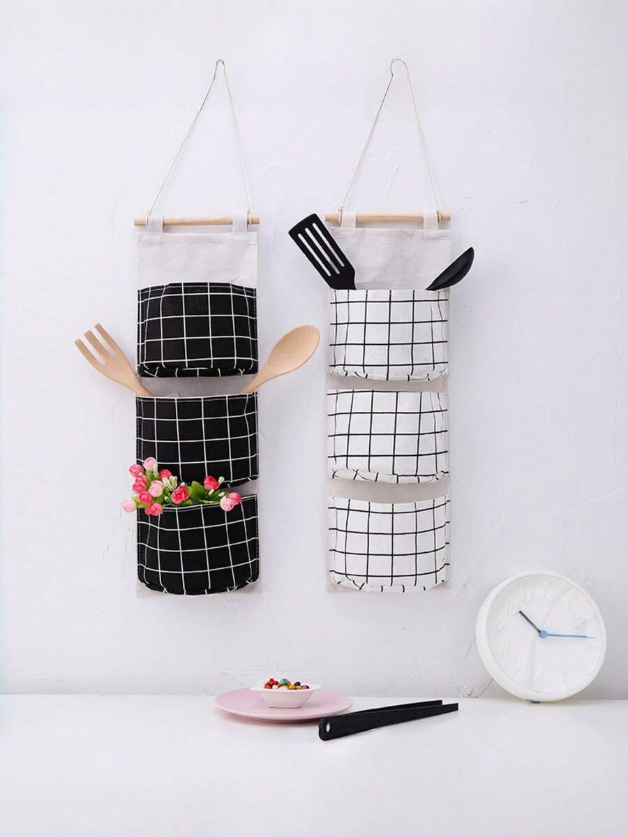 Borsa da appendere per la camera da letto con tasche multiple a quadri beige, sospesa da terra, ideale per riporre libri e giocattoli, mantiene gli spazi piccoli ordinati e organizzati. - Multicolore - Visualizzare 1