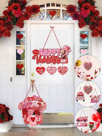 6Pcs Valentine's Day Door Decorations, Valentine's Day Happy Decorations, Rose Flowers, Hearts, LOVE Decorations, Suitable For Valentine's Day Parties, Wedding Rooms, Birthday Scene Decorations, Door Decorations, Ornaments, Hangers, Decorations For Valentine's Day Parties, Party Ornaments