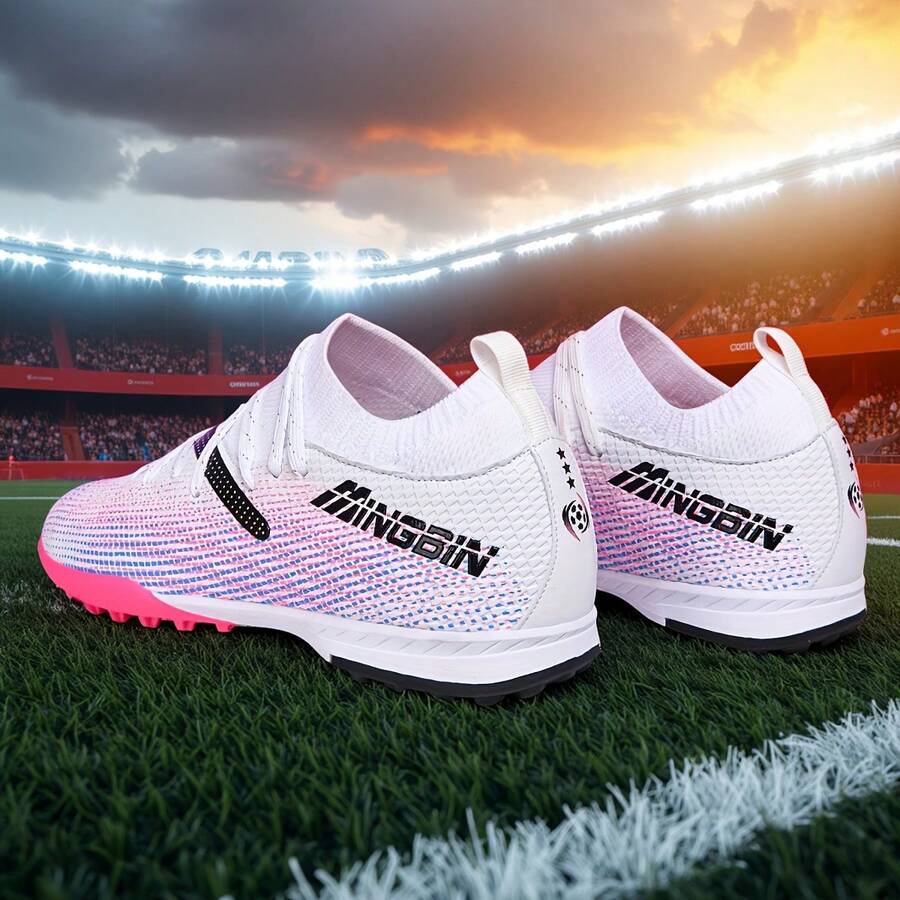 1 Pair Unisex Soccer Shoes, Low-Top Outdoor Natural Grass Training & Match Shoes, American Football Shoes For Teens, Professional Sports Shoes, PU Front Lace-Up TF Short Studs - White Powder - View 1