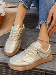 Giày thể thao ngoài trời đế bằng, thoải mái, đa năng, chất liệu da, đế mềm, thoáng khí, màu vàng, size lớn, mùa xuân/thu 2026 dành cho nữ, giày thể thao ngoài trời cổ thấp, nhẹ, mũi tròn, buộc dây, màu vàng - Vàng - Xem 1