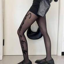 Estampadas Para Mujer Pantimedias De Cintura Superiores Control Pantimedias Nailon Transparente Altas Hasta Muslo Con Liguero - Negro - Ver 9