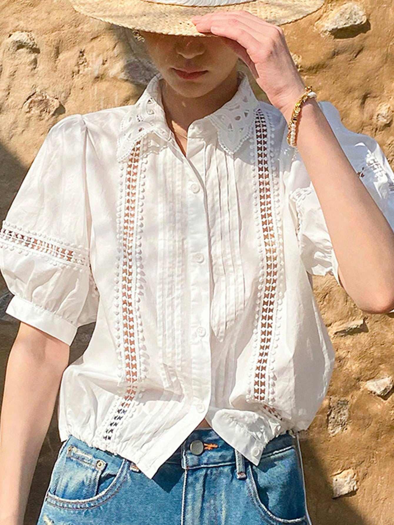 Women’S Spring Summer Apparel, Solid Color Front Open Hollow Lace Patchwork