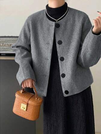 1pc Women's Cropped Solid Color Wool Blend Coat, Stylish Elegant Versatile Tailored Jacket For Fall Office Commute & Date