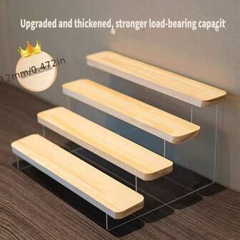 Acrylic Transparent Stepped Display Rack, Desktop Organizer For Figurines, Plants, Collectibles, Blind Box Display, Wooden Stepped Shelving