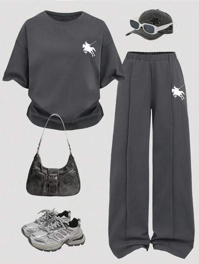 Tween Girls' Letter Print Short Sleeve T-Shirt And Pants Casual Outfit