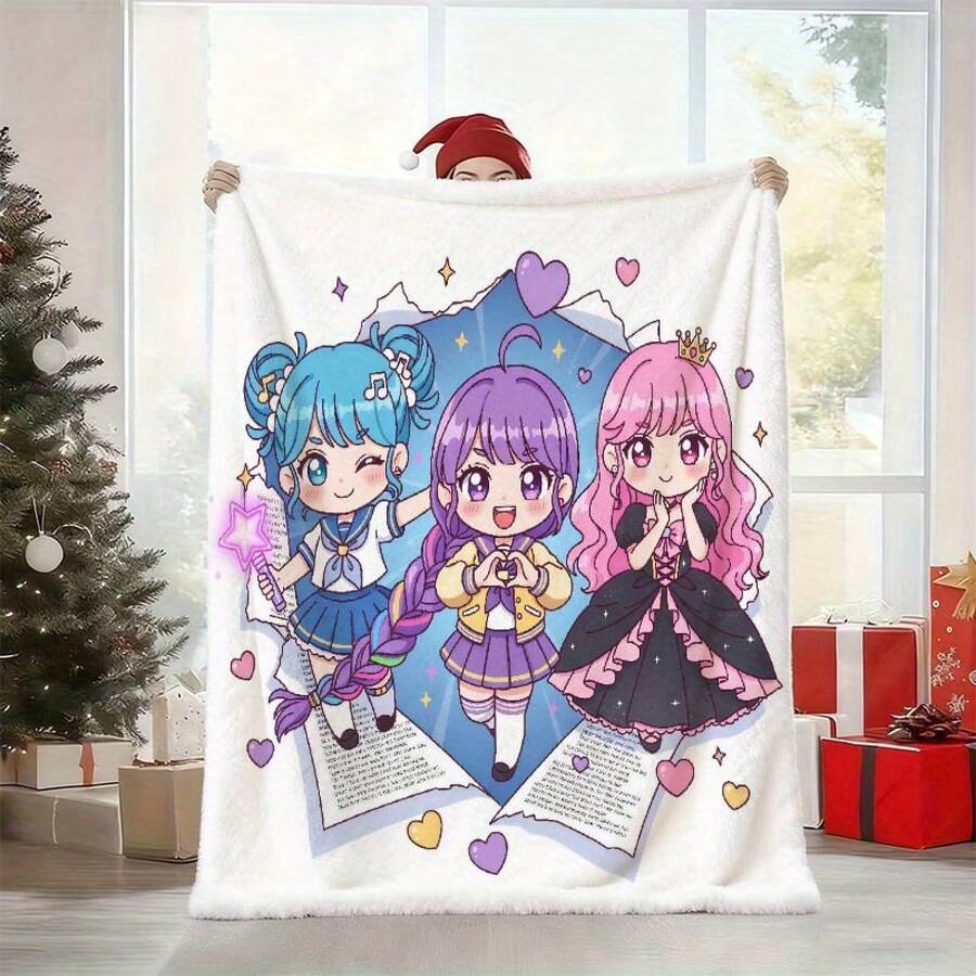 1pc KPOP Girl Group Sweetheart Anime-Style Plush Fleece Blanket With 3 Female Characters - Soft Flannel All-Season Cozy Bedspread For Bed, Sofa, Travel & Home Decor - Multicolor - View 1