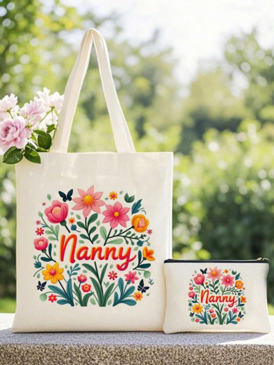 1-2 piezas "Mejor niñera para siempre" Bolsa de lona impresa con diseño de corona, plegable, reutilizable, bolsa unisex, bolsa de compras de hombro de color beige de moda, de poliéster duradero, lavable a máquina, regalo perfecto con tema de agradecimiento - Multicolor - Ver 1