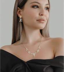 Crysdue Flower Leaf Wedding Jewelry Set Bridal Bridemaid, Cubic Zirconia Teardrop Elegant Silver/14K/Gold Plated Vine Necklace Dangle Earrings Prom Party - 金色 - 查看 2