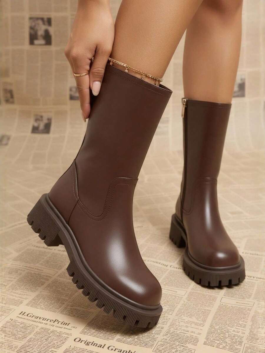 1 par de Botas de mujer de moda, Nuevas botas de invierno chamarra negras zapatos de invierno alta calidad para mujeres impermeable suela antideslizante engrosada cálidas botas detalle de chamarra temporada invernal mujeres facil de poner - Marrón - Ver 1