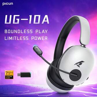  Picun UG-10A 专业游戏耳机，包耳式低延迟 7.1 环绕立体声 2.4GHz 无线/蓝牙四模式耳机，带 ENC 麦克风，适用于 PC 电脑游戏玩家