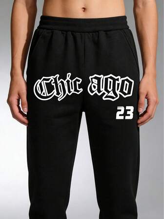 Teenagers' Handsome Lightning & English Print Drawstring Waist Fleece Sports Pants, Suitable For Carnival, Back To School Dance, Teen Boys Gifts, Autumn/Winter