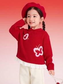 Jersey de punto para niñas con diseño jacquard lindo, primavera 2025 - Rojo - Ver 2