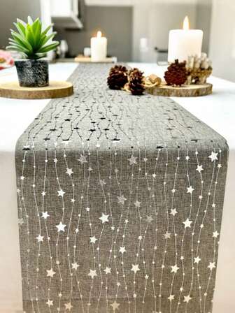 1 Piece Of Modern Minimalist Polyester Fabric Tablecloth Measuring 275 Cm X 28 Cm (108*11 Inches), In Shiny Gold/Silver Star-Shaped Design. Suitable For Festival Parties, Festival Feast Dinners Or Home Decoration. Happy, Gold/Silver.