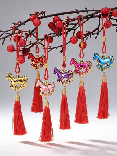 1pc Colorful Horse Lucky Charm With Red Tassel - Chinese Feng Shui Good Fortune Pendant For Home/Car Decoration Vibrant Enamel Horse Amulet With Tassel - Lucky Blessing Ornament For New Year & Daily Decor (6 Colors) Feng Shui Lucky Horse Pendant - Colorful Decorative Tassel Charm For Home, Car & Gift Giving