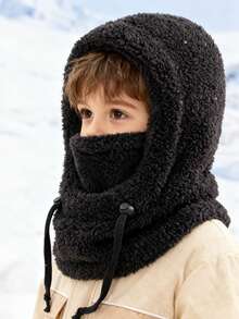 儿童毛绒拉法帽（1个装）——可调节抽绳，冬季保暖防风，防污，适合滑雪/上学/雪地玩耍