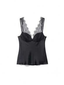 Camellia New Women's Fashion Sexy Lace Satin Blouse, Spring/Summer - Black - View 9
