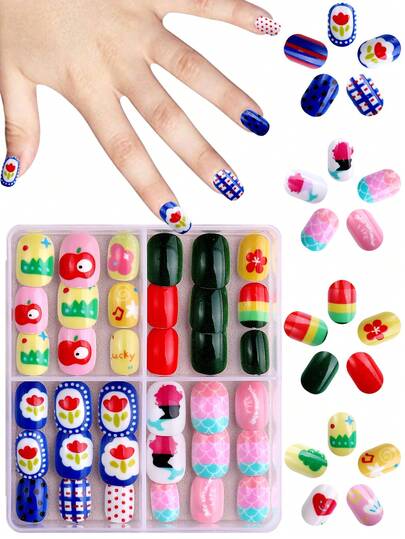 NAIO 96 Pcs/Set Y2K Baddie Style Kids Press-On Nails Art, Acrylic Material, Pre-Coated Gel, Full Coverage, With Sparkly And Cute Patterns Including Polka Dots, Flowers, Mermaids, Apples, Stripes, And Other Elements. Short Adhesive Nail Stickers, Suitable For Little Girls-Cute Garden Theme. Nail Supplies