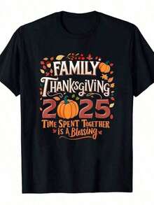 1 Cartoon Letter Pattern Print, T-Shirt Weighs 180 Grams, 100% Cotton T-Shirt Family Thanksgiving 2025 Matching T-Shirts - Vintage Autumn Graphic Tee With Pumpkins, Leaves - Black Crew Neck Casual Shirts For Thanksgiving Dinner, Family Gatherings - Unisex Adult Sizes - 白色 - 查看 6