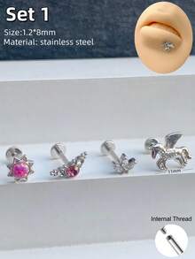 Morlyda 4pcs/Set Cute Earring Lip Studs Pink Lip Ring Nose Ear Studs Hypoallergenic Stainless Steel Opal Stars Flower Rhinestone Decor Ear Studs Angel Moon Cartilage Stud Earrings Butterfly Lizard Helix Tragus Earrings Bow Conch Rook Labret Monroe Medusa Lip Nose Piercing Jewelry For Women Men Daily Wear Valentine's Day Christmas Day Gift Night Out Social Gatherings - Multicolor - View 14