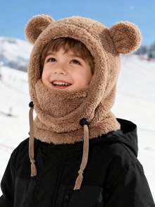 1Pc Toddler Winter Balaclava Hat - Bear Ear Fluffy Plush Hat Scarf Combo, Adjustable Drawstring Full Cover Kids Hat For Cold Weather Daily Wear & Travel - 1PC - View 3