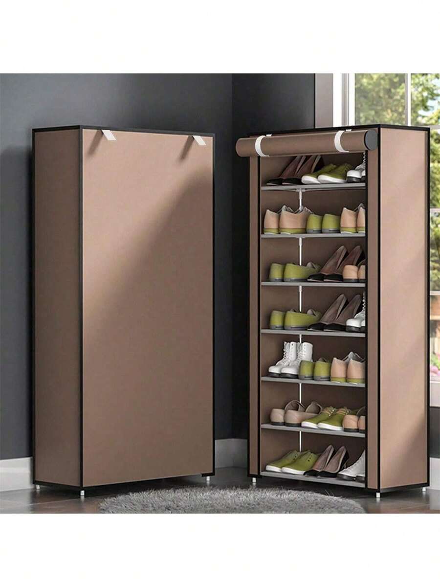 1pc 5/6/8/10 Grid Shoe Rack Combination Coat Rack, Multifunctional Minimalist Shoe Rack With Dust Cover, Multi-Layer Shelves, Doorframe Style Fabric Shoe Cabinet, Indoor Home Shoe Cabinet - Coffee Brown - View 1