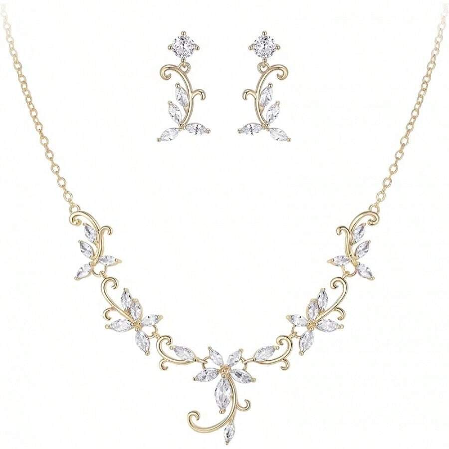 Crysdue Flower Leaf Wedding Jewelry Set Bridal Bridemaid, Cubic Zirconia Teardrop Elegant Silver/14K/Gold Plated Vine Necklace Dangle Earrings Prom Party - 金色 - 查看 1