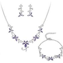 Crysdue Flower Leaf Wedding Jewelry Set Bridal Bridemaid, Cubic Zirconia Teardrop Elegant Silver/14K/Gold Plated Vine Necklace Dangle Earrings Prom Party - B_三組紫色 - 查看 1