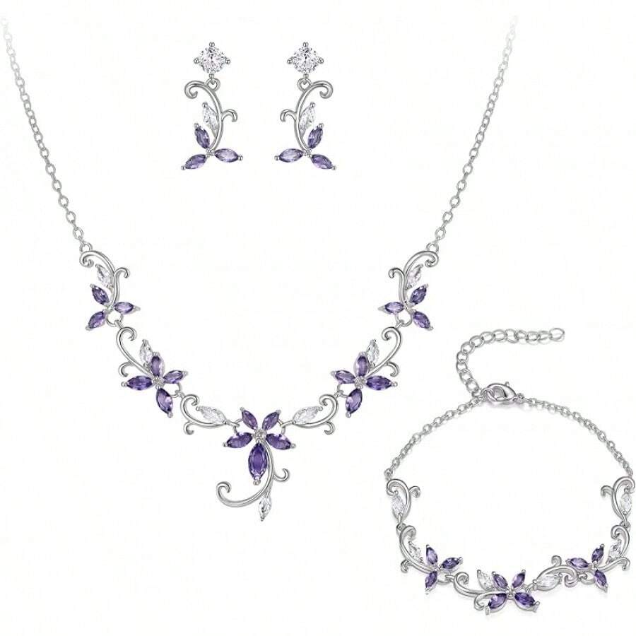 Crysdue Flower Leaf Wedding Jewelry Set Bridal Bridemaid, Cubic Zirconia Teardrop Elegant Silver/14K/Gold Plated Vine Necklace Dangle Earrings Prom Party - B_三組紫色 - 查看 1