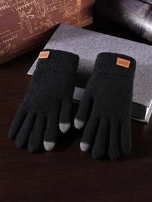 1 Pair Adult Winter Knit Gloves - Thermal Lined Touchscreen Gloves For Cold Weather, Thermal Warm With Leather Patch, For Running/Cycling/Daily Use - 1 Double Leather Label - View 6