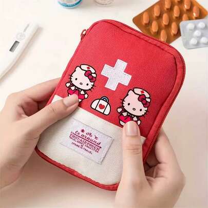 1 pieza Botiquín de primeros auxilios portátil de Hello Kitty, bolsa médica roja y blanca con diseño de cruz y personaje, ideal para viajes, oficina, hogar y uso al aire libre