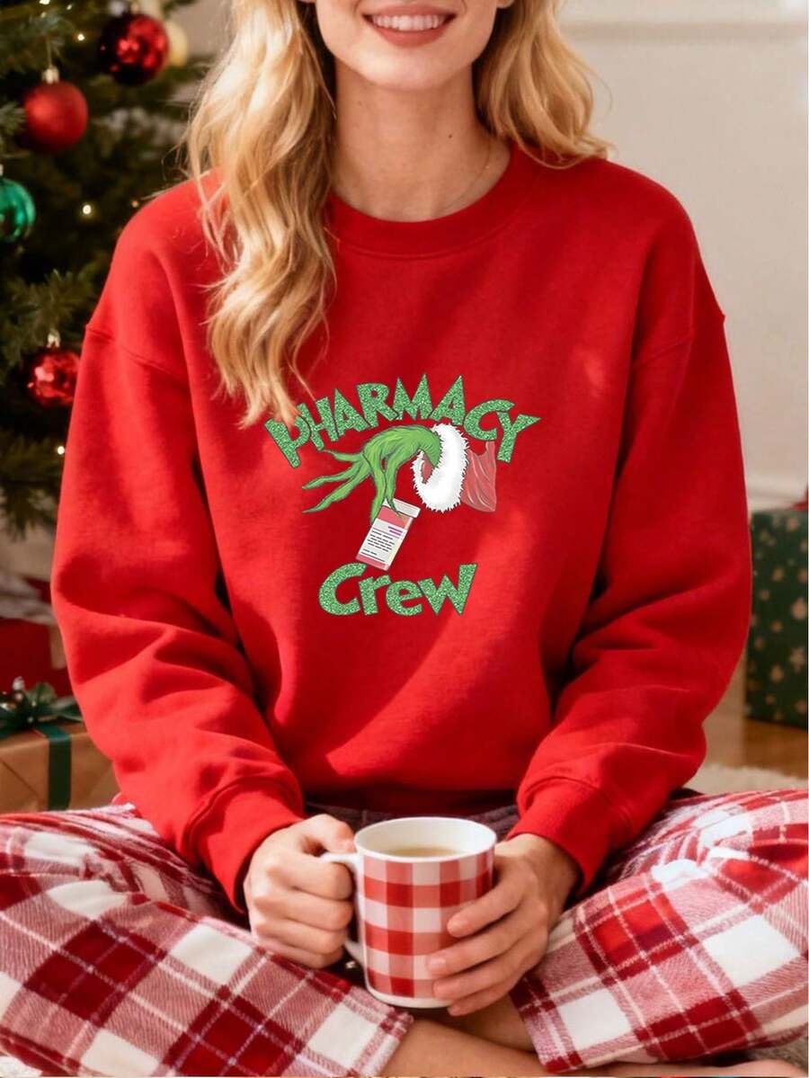 Camiseta con estampado del Pharmacy Crew, sudadera para mujer, ideal para fiestas de Navidad, regalo para amantes de la Navidad, cómoda y cálida, diseño trendy, adecuada para uso diario y ocasiones festivas - Rojo - Ver 1